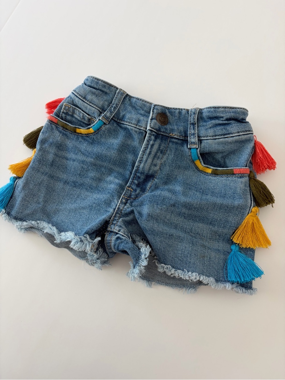 Mini Boden colorful tassle denim shorts